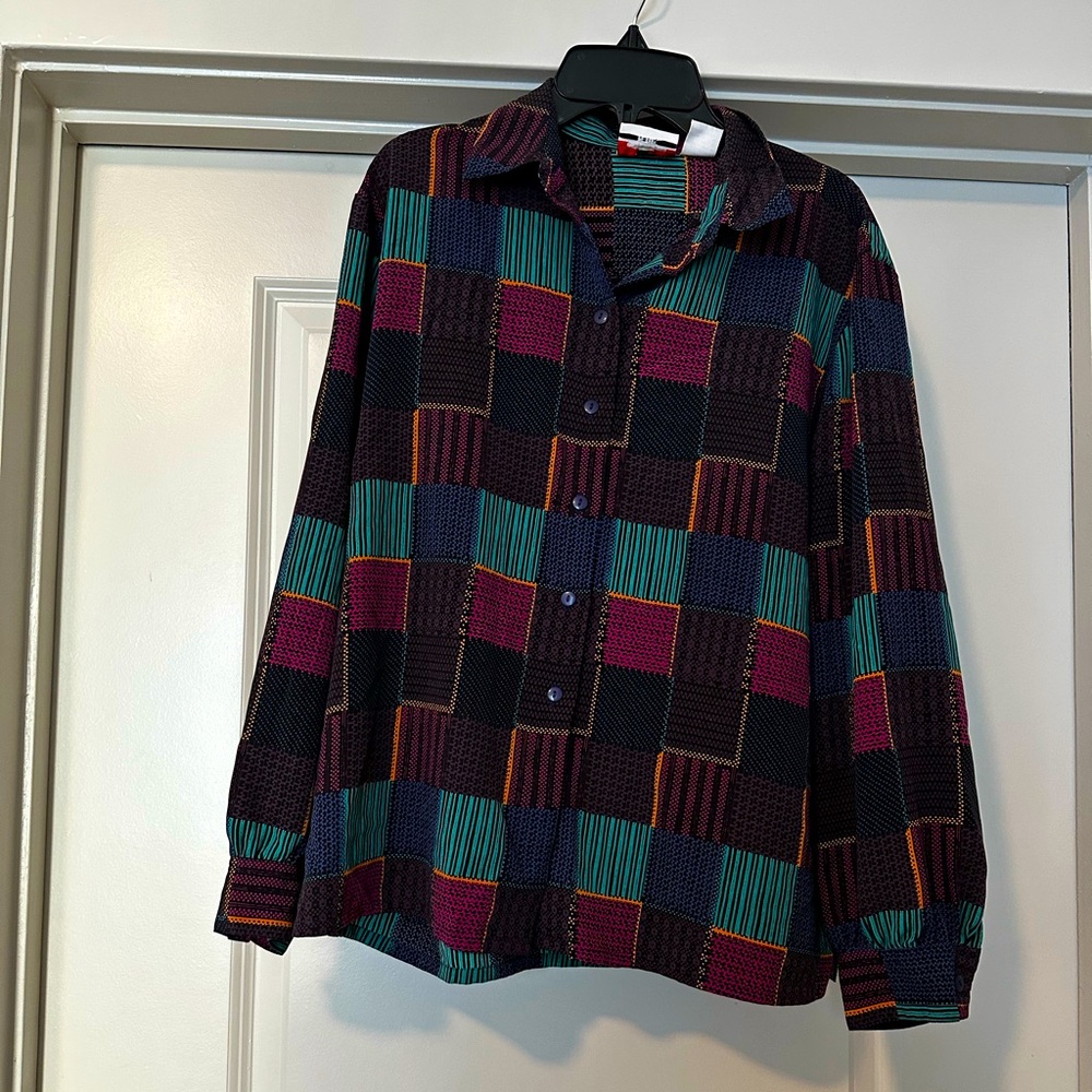 Vintage Colorful Pattern Check Button Up Blouse Shirt